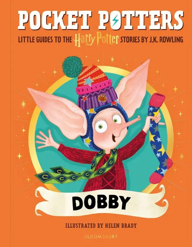 Kleurrijk geïllustreerd kinderboek met cartoonfiguur dobby uit harry potter in een gestreepte hoed met sterren en sok