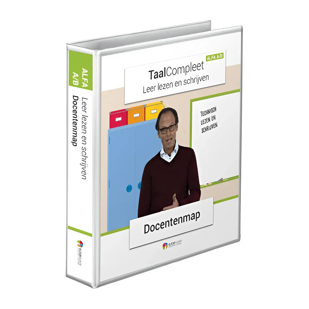 Witte plastic docentenmap leer lezen en schrijven alfa a en b met groene en beige accenten en afbeelding van man met bril en maroon trui