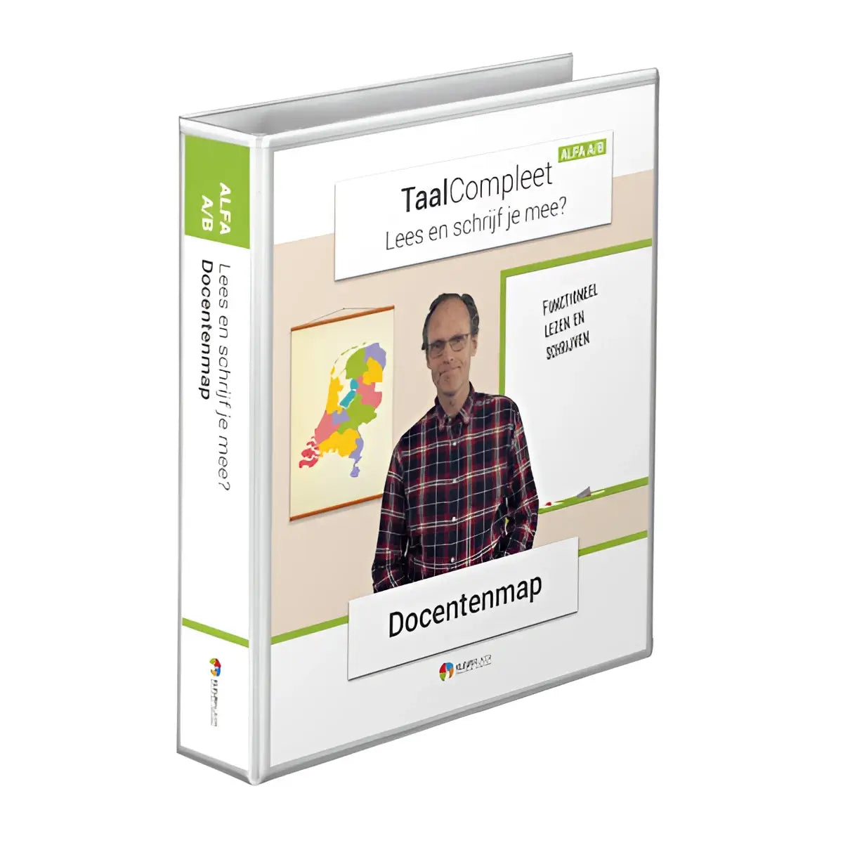 Witte en groene docentenmap lees en schrijf je mee alfa a en b met afbeelding van man in geruit overhemd