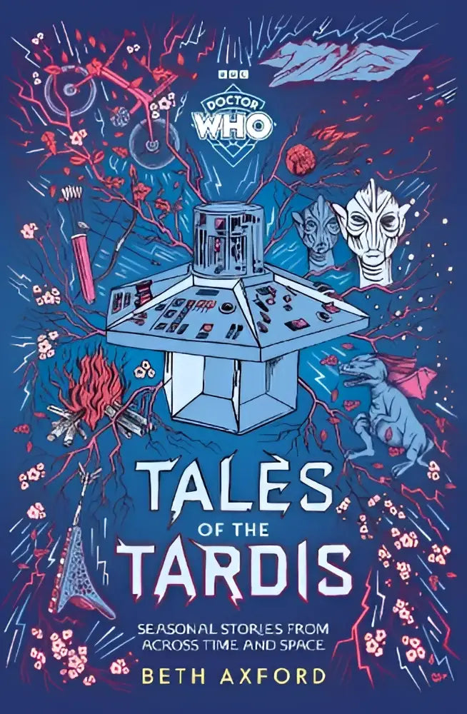 Blue and white illustrated doctor who teenage fiction book cover featuring the tardis with alien faces bicycle and floral patterns