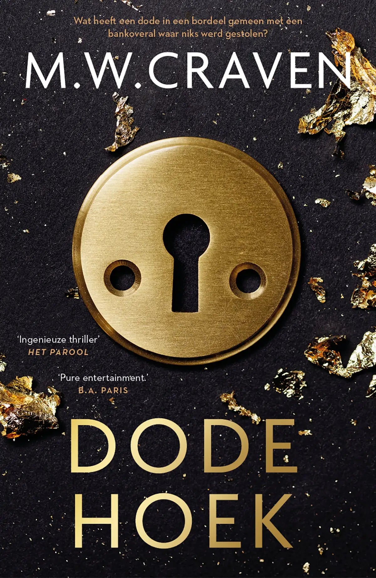 Golden keyhole cover dode hoek with two small circular holes set against a dark background with gold foil fragments