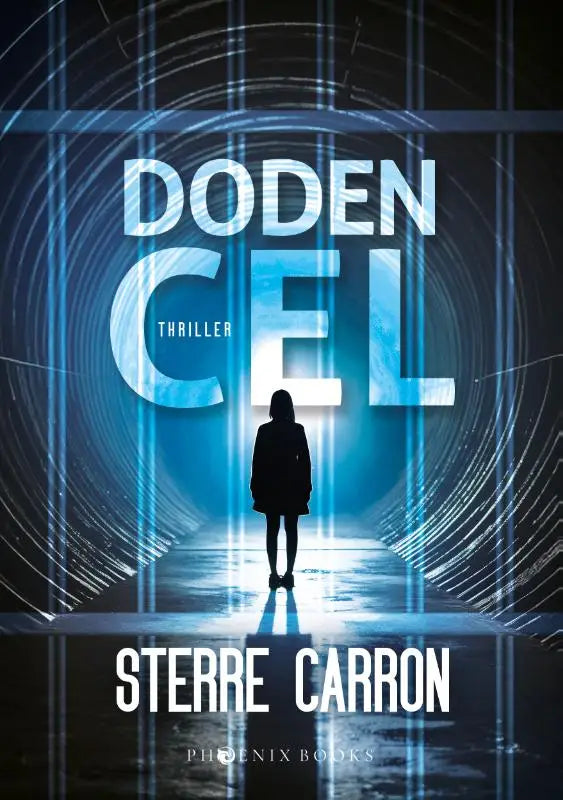 De boekcover van Dodencel toont de titel doden cel in vet, blauw gloeiend futuristisch lettertype