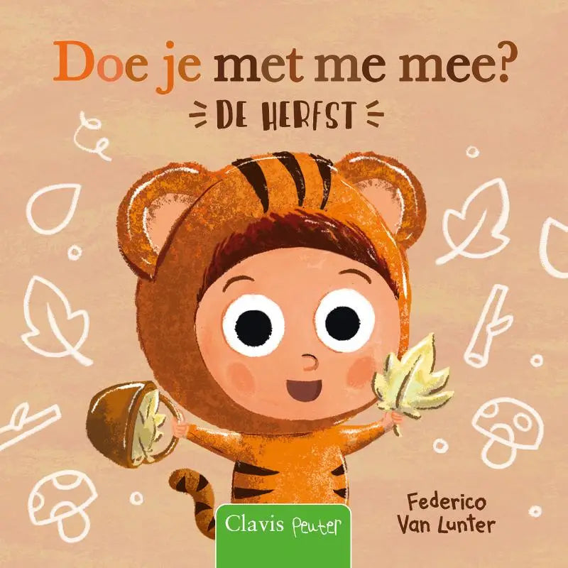 Een vrolijk cartoonkind in oranje tijgerkostuum met bladeren en mand geschikt voor jonge lezers herfstboek