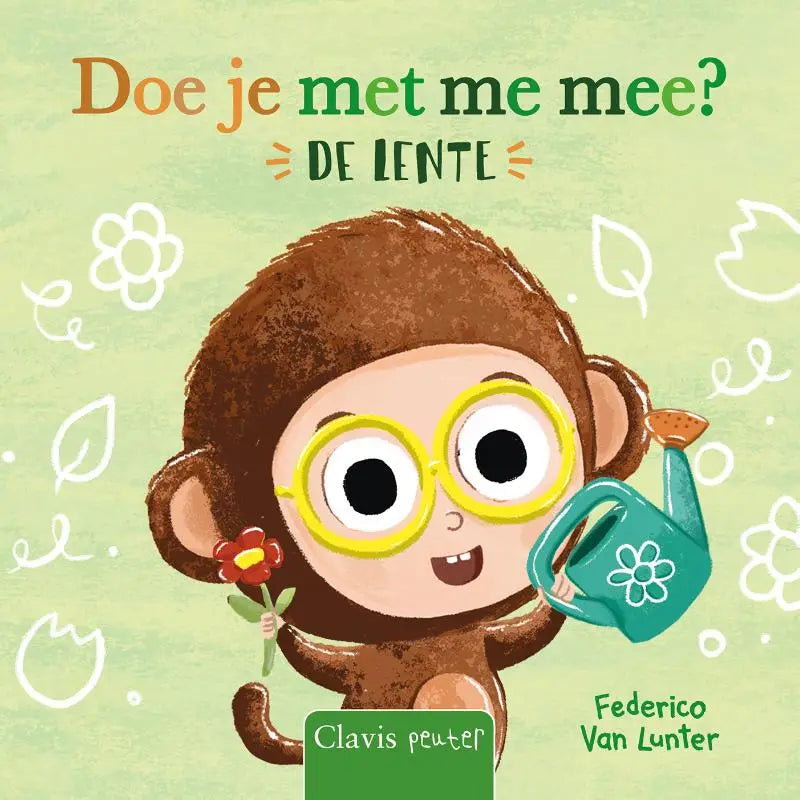 Een vrolijke cartoon aap met gele bril houdt rode bloem en blauwe gieter in boek doe je met me mee de lente voor jonge lezers