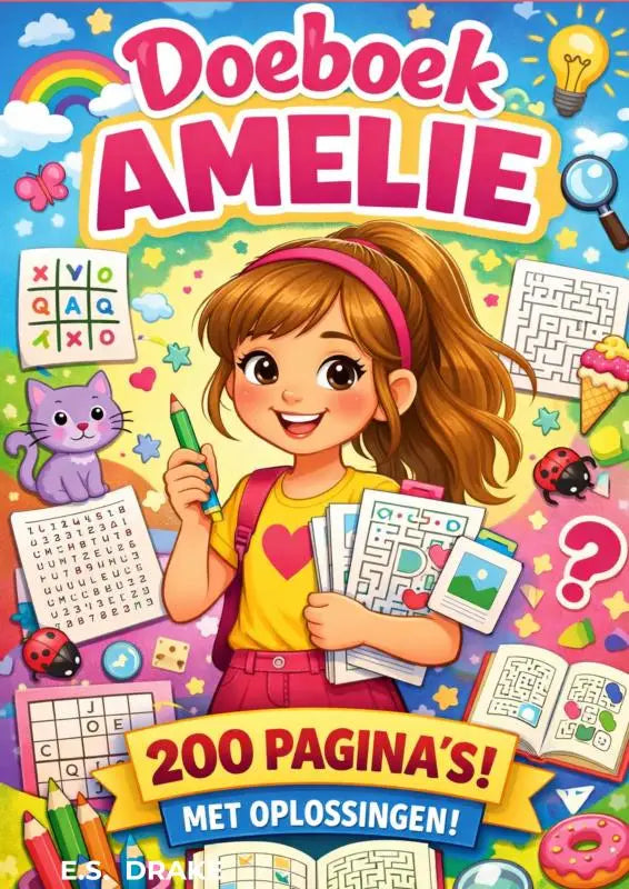 De cover van doeboek amelie toont een vrolijk meisje met bruin haar en geel shirt voor magisch plezier