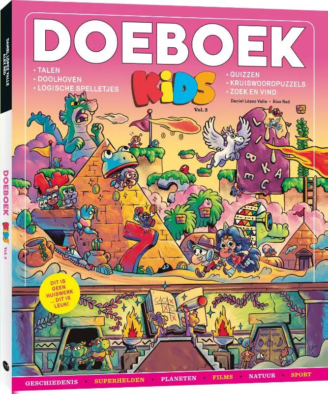 Vibrant roze en gele doeboek kids activiteitensboek met cartoonfiguren en eenhoorn voor jonge lezers