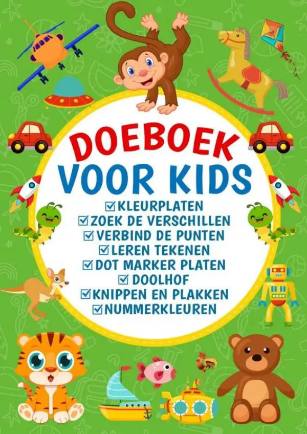 Felgroene doeboek kinderen met vrolijke aap en cartoon dieren voor jonge lezers met diverse activiteiten
