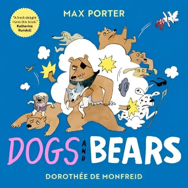 Blauw kinderboek honden en beren met cartoons en titel dogs and bears door max porter