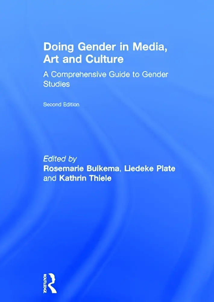 Blauw boek met golvende textuur en witte tekst over doing gender in media art en cultuur gericht op gender studies