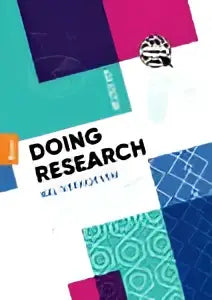 Het boek doing research van nel verhoeven heeft een levendige geometrische omslag in teal, paars en wit, uitgegeven door koninklijke boom uitgevers