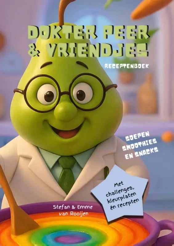 Een vrolijk groene peer met bril en witte labjas houdt een regenboogkleurige kom soep in dokter peer receptenboek
