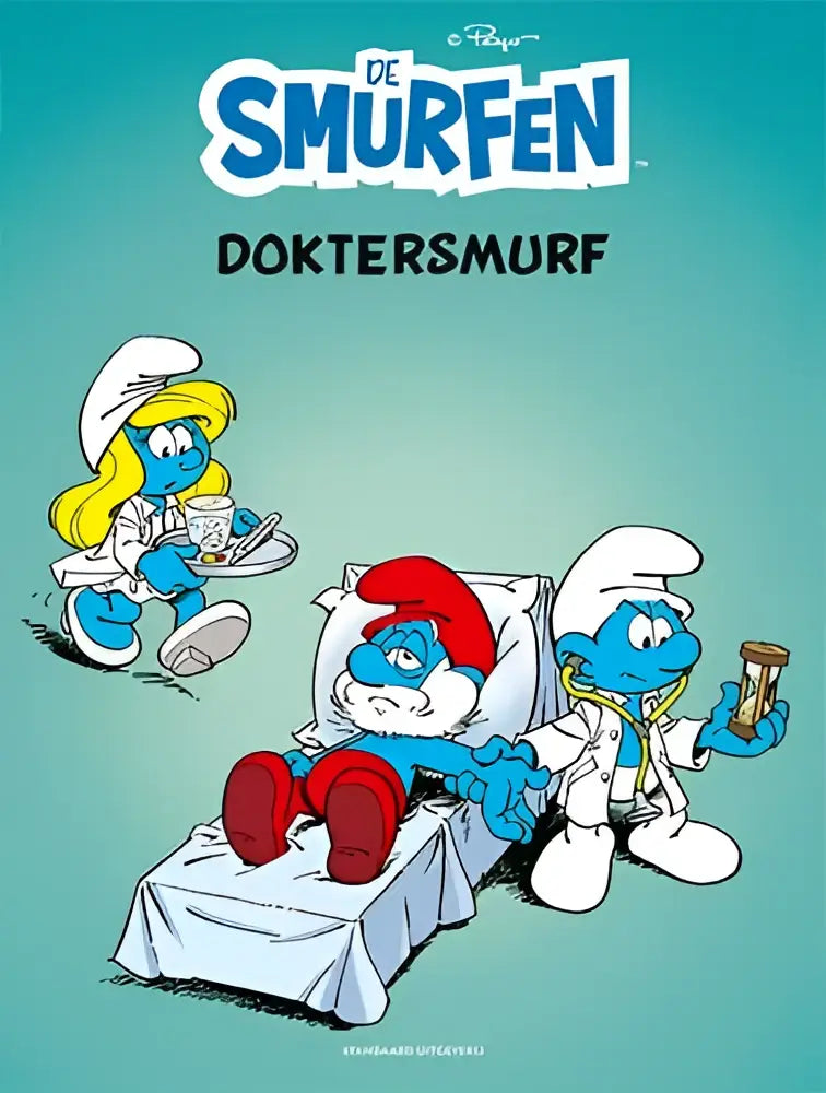 Dokter smurf in een witte doktersjas en rode muts zit op een ziekenhuisbed met een stethoscoop in de hand