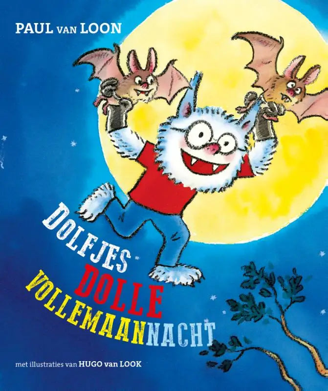 Een vrolijk witgekleurd cartoonfiguur met vleermuisoren en vleugels springt tegen een gele maan in dolfjes dolle vollemaannacht