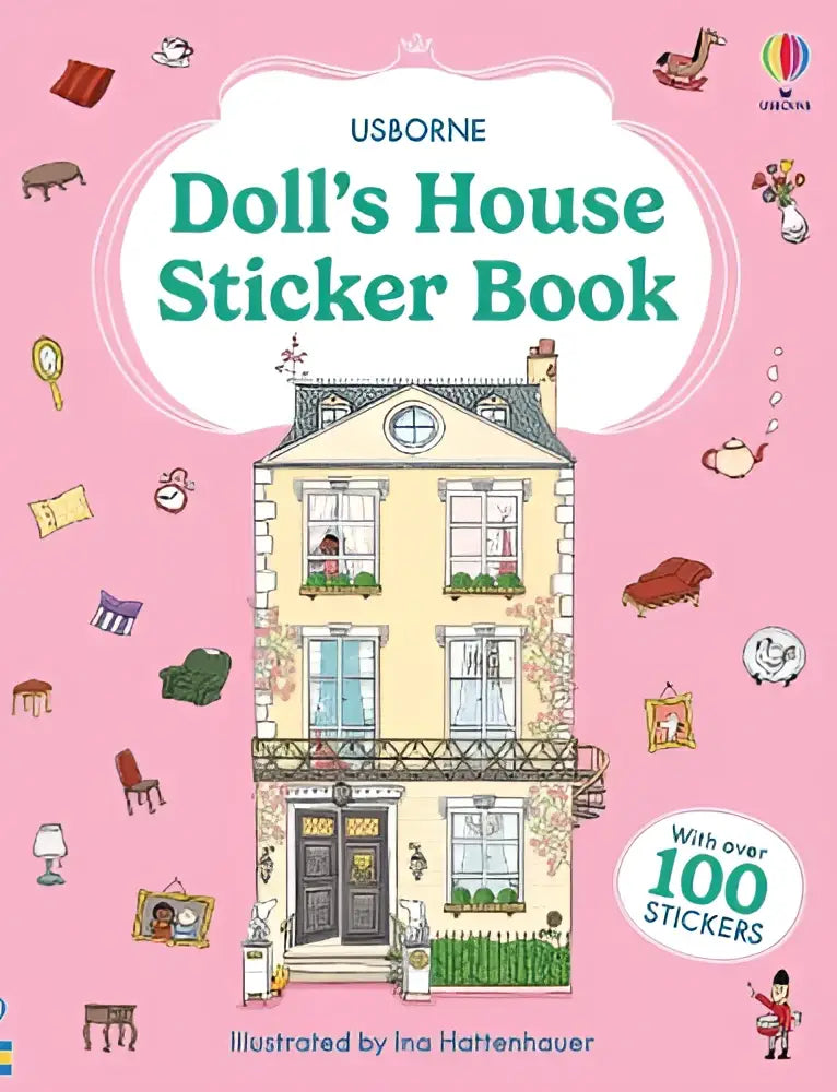 Een charmant geïllustreerd house sticker book met een pastelroze omslag en gedetailleerde gele dollhouse stickers