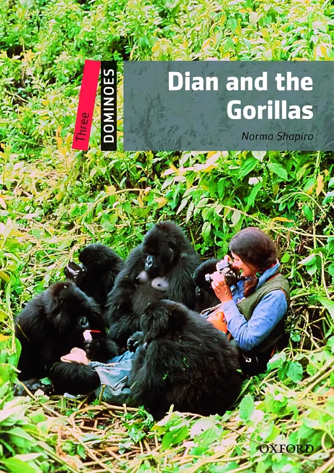 De boekomslag van dominoes 3 dian and the gorillas toont een groene jungle met zwarte gorilla’s en een persoon in blauw