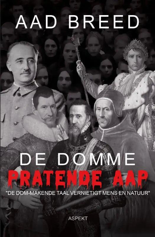 De domme pratende aap boek met zwart-wit portret en rood-witte titeltekst, uitgegeven door aspekt