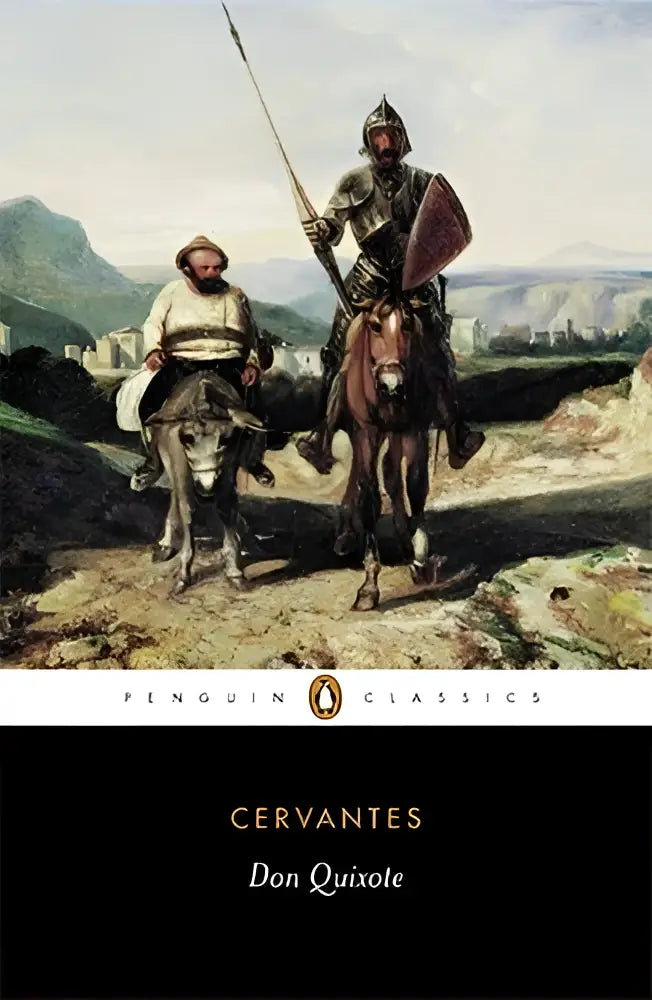 Penguin classics edition don quixote by cervantes with painted cover showing knight on horseback and peasant with ass