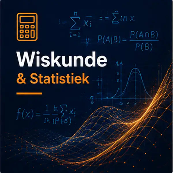 Donkerblauwe digitale afbeelding met wiskundige vergelijkingen en een gloeiend oranje rekenmachinepictogram.