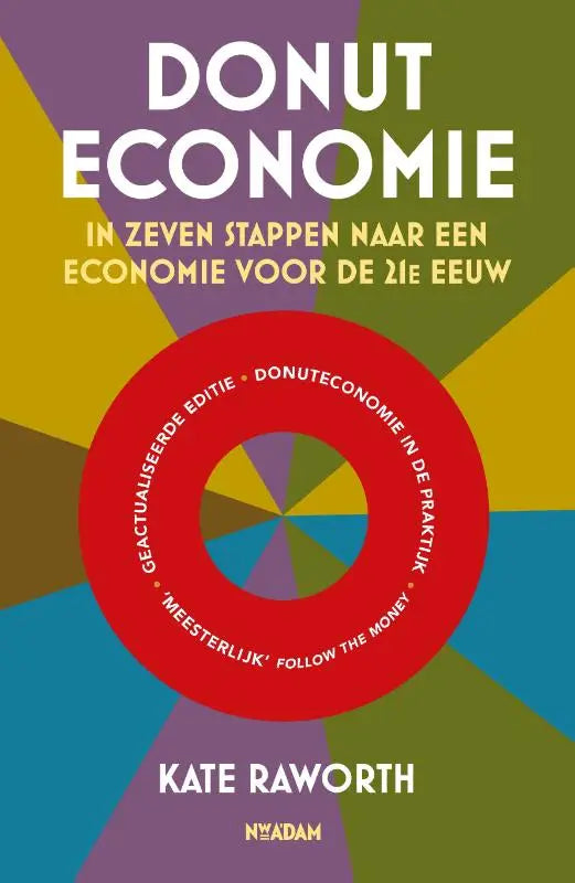 Vibrant geometrisch ontworpen boekomslag donuteconomie met centraal rood cirkelmotief van kate raworth bij park uitgevers
