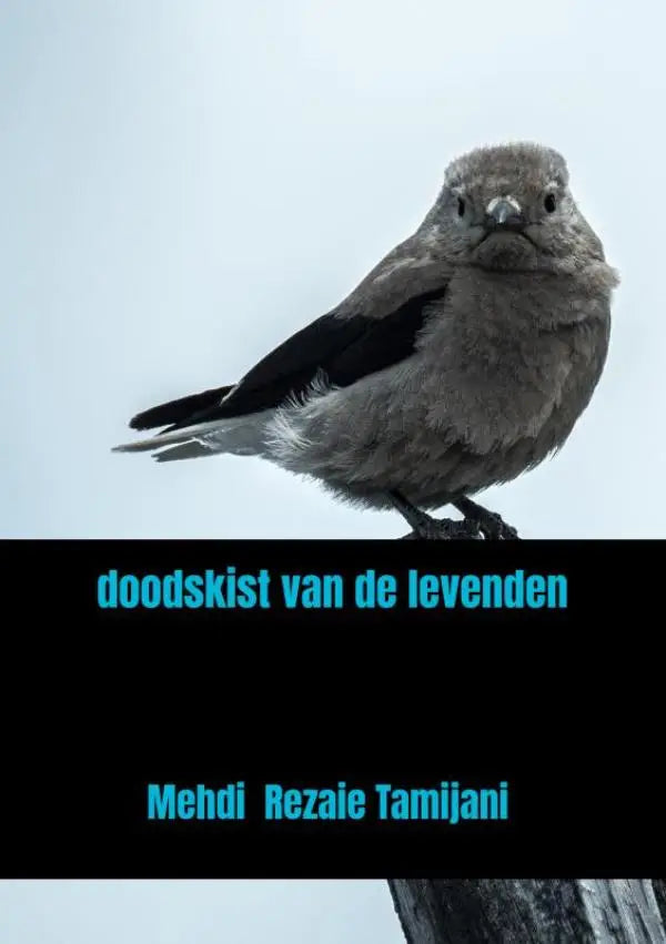 Een grijze vogel met zwarte vleugeltippen zit op een tak bij de doodskist van de levenden