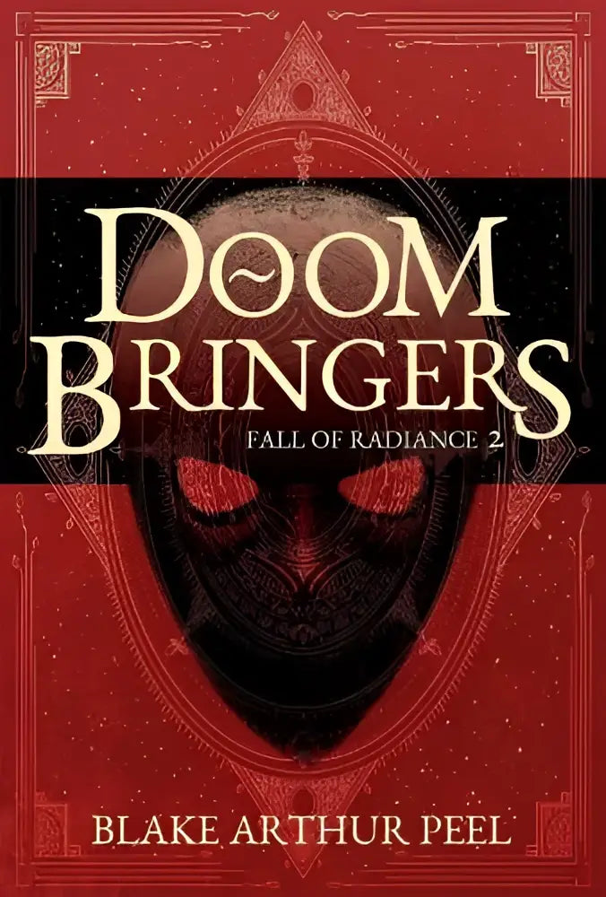 Rode en zwarte boekomslag van doom bringers met dreigend masker en gloeiende rode ogen door blake arthur peel