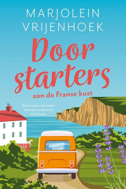 Oranje vintage bus met witte dak en trim rijdend langs de franse kust voorbij lavendelvelden marjolein vrijenhoek