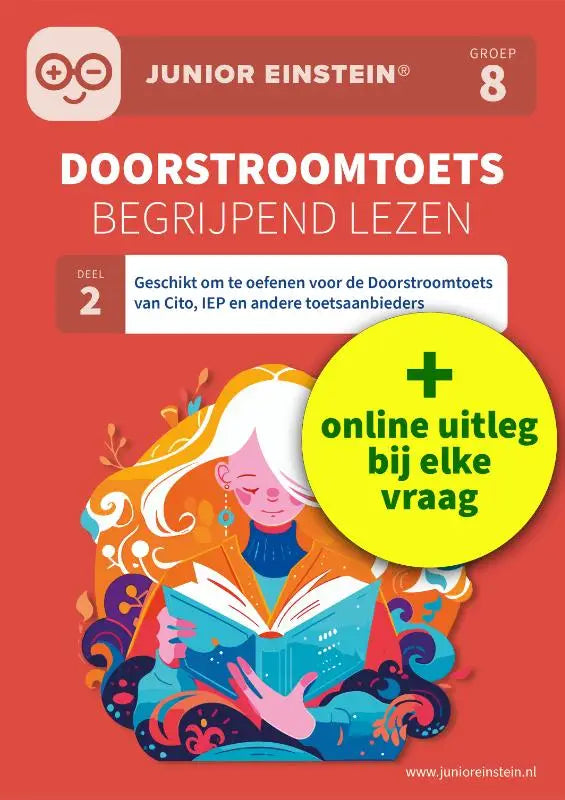 Junior einstein groep 8 workbook cover met kleurrijke illustratie van meisje met wit haar leest blauw boek doorstroomtoets begrijpend lezen