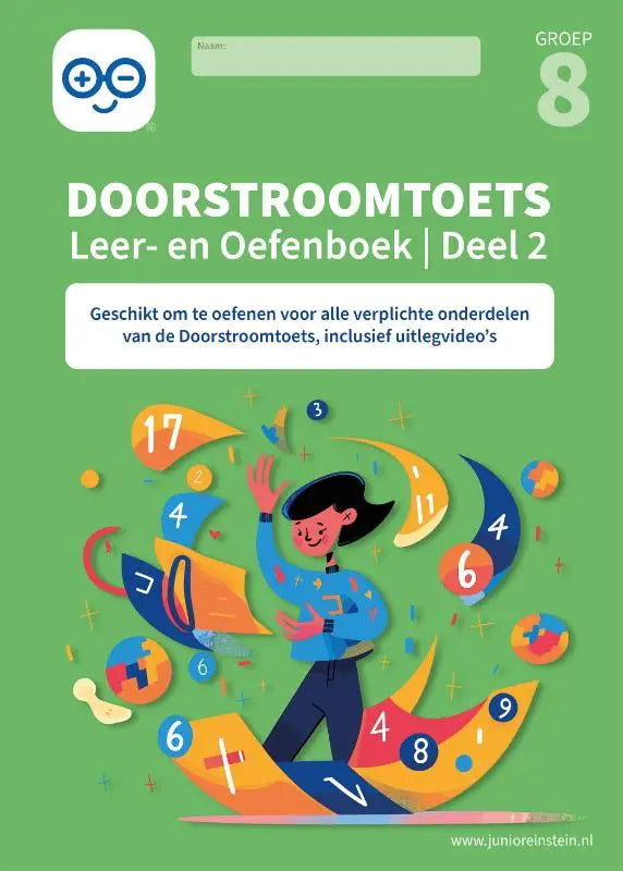 Groen bedekt werkboek doorstroomtoets leer en oefenboek deel 2 met cartoon kind en kleurrijke cijfers voor verplichte onderdelen