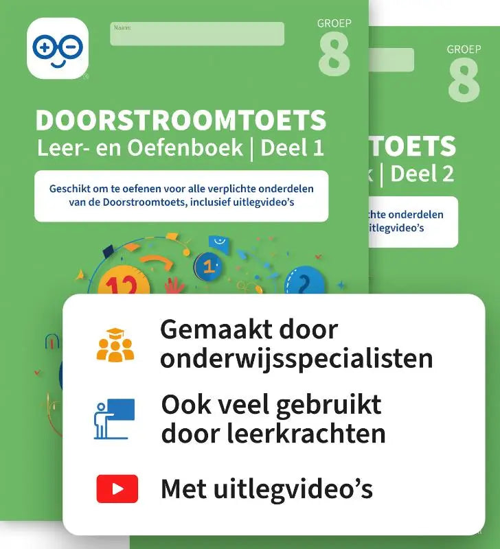 Groen doorstroomtoets leer- en oefenboek voor groep 8 met vrolijk design en kleuren, gebruikt door onderwijsspecialisten