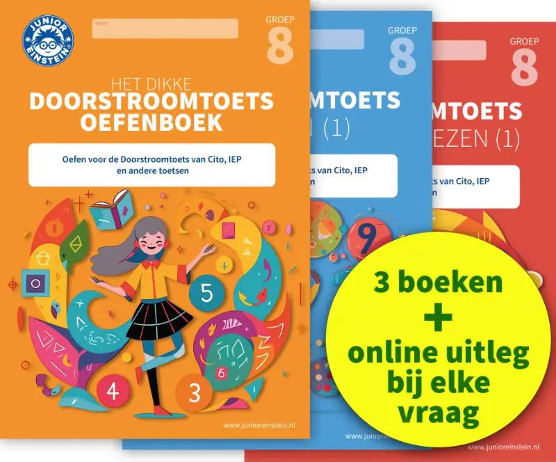 Oranje oefenboek het dikke doorstroomtoets oefenboek groep 8 met kleurrijke illustratie en online video-uitleg voor doorstroomtoets oefenpakket en andere toetsen