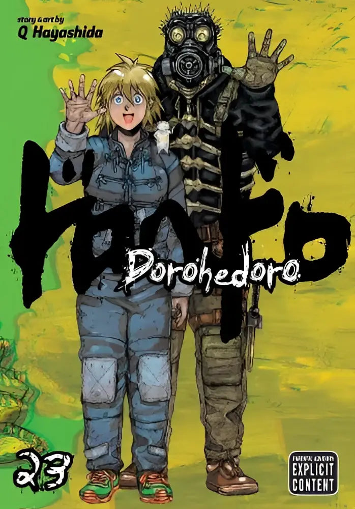 De cover van de manga dorohedoro vol 23 toont twee karakters tegen een geelgroene achtergrond