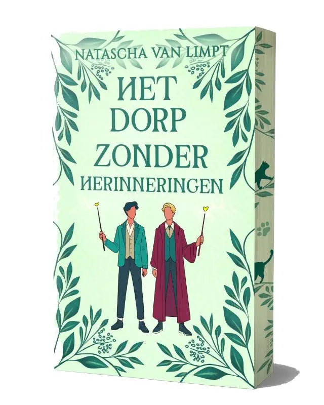 A zachte muntgroene hardcover van het boek het dorp zonder herinneringen met vintage personages en groene bladeren