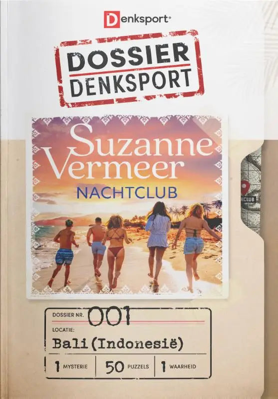 The cover of dossier denksport puzzle book suzanne vermeer nachtclub shows a vibrant bali beach scene at sunset with five people