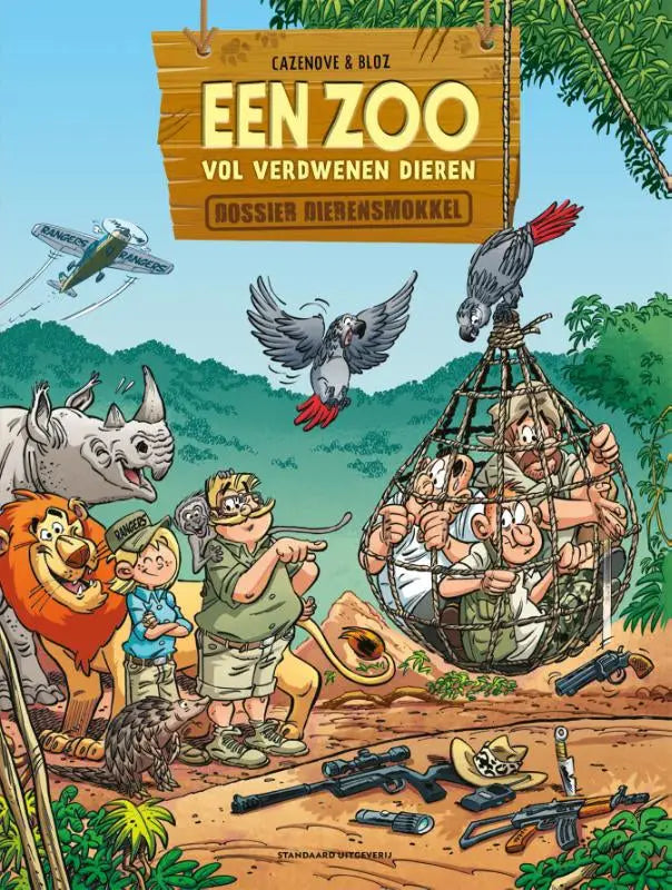 De cover van het comicboek een zoo vol verdwenen dieren door christophe cazenove toont een houten bord met gele letters en dossier dierensmokkel strips algemeen illustraties van dieren