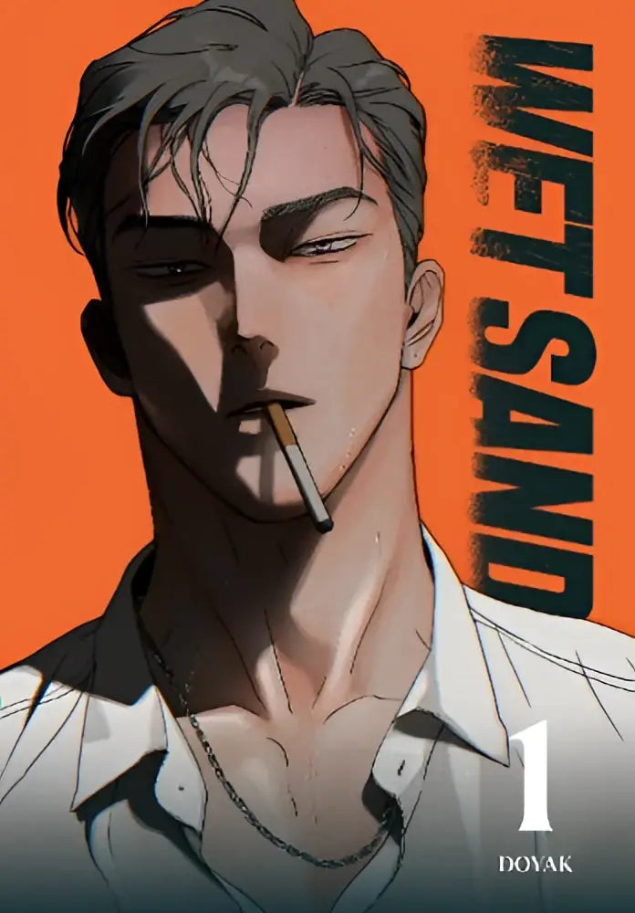 De cover van wet sand volume 1 door doyak toont een man met donker haar en een open wit overhemd