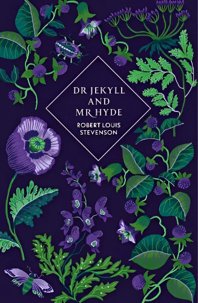 Het boek dr jekyll and mr hyde and other stories toont een kleurrijk paars groen botanisch omslagontwerp door robert louis stevenson