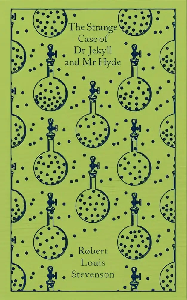 Het boek dr jekyll and mr hyde and other tales heeft een limegroene kaft met zwarte laboratoriumillustraties