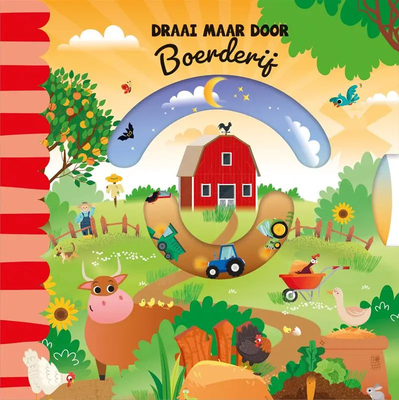 Illustratie van een rode boerderij met zwarte haan op het dak omringd door dieren en voertuigen vrolijke rijmpjes