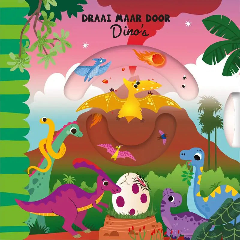 Kleurige kinderboekcover van draai maar door dino’s met dinosaurusillustraties en vulkaan onder roze lucht voor jonge lezers