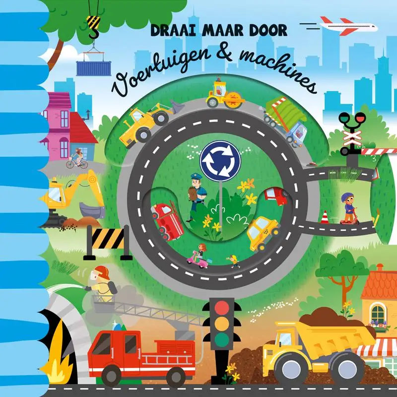 Kinderboek cover draai maar door voertuigen machines met kleurrijke cartoonvoertuigen voor jonge lezers