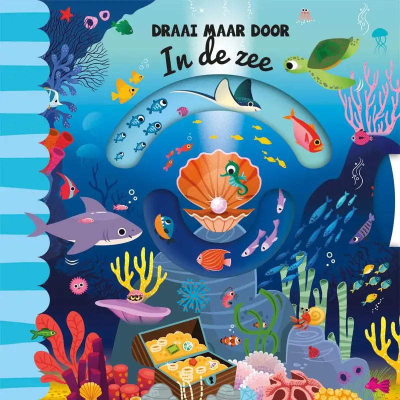 Kleurijke kinderboekencover draai maar door - in de zee met een oranje schelp en parel voor jonge lezers