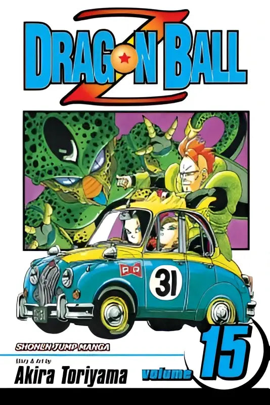 Manga-stijl illustratie van een blauwe en gele raceauto met nummer 31 in dragon ball the terror voor jonge lezers