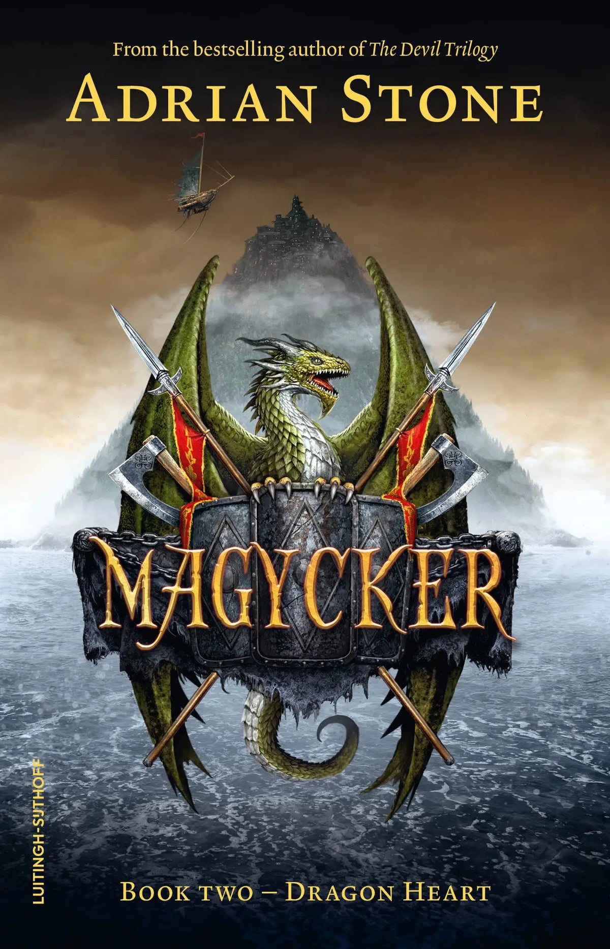Shield design dragon heart met adrian stone groene draak met metalen schubben en rode banners
