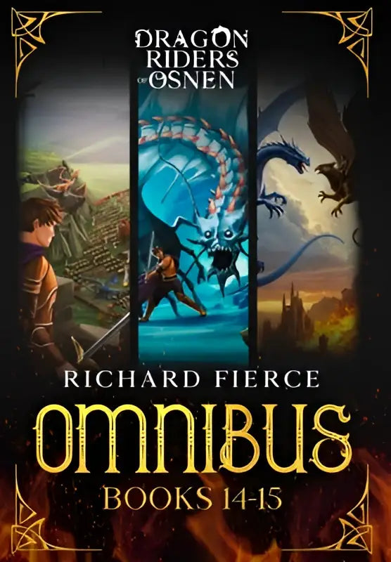 Boekset van het osnen omnibus met dragon riders episodes 14-15, fantasierijke cover met drie scènes en gouden letters