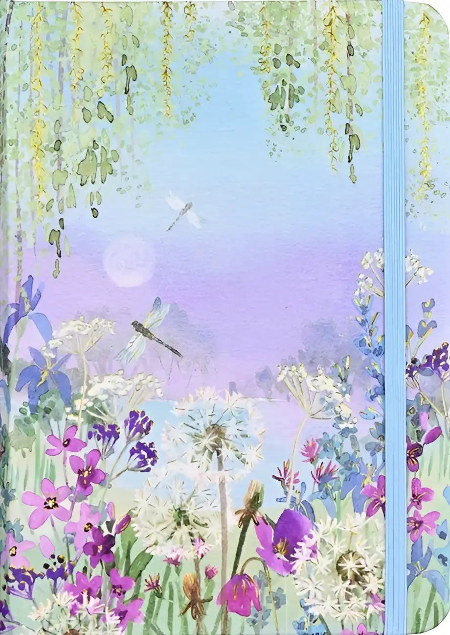 A soft pastel watercolor dandelions journal featuring purple and white flowers with dragonflies on a lavender sky