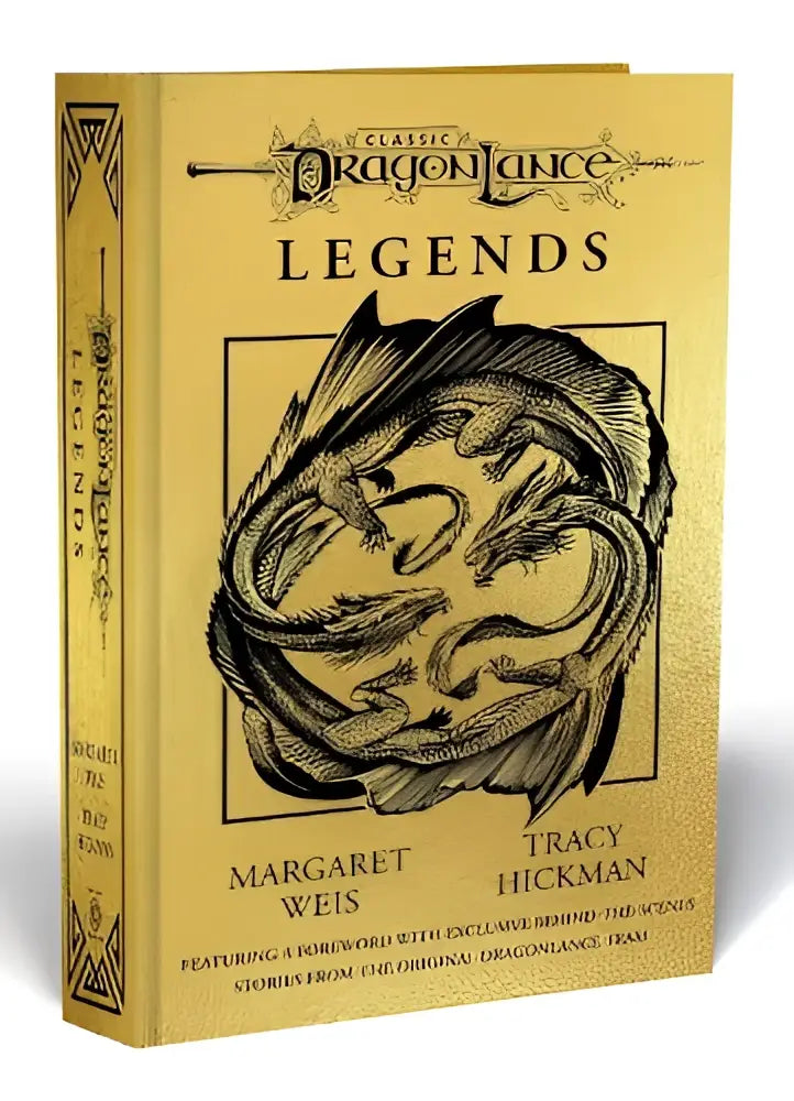 Gouden hardcover boek dragonlance legends met gedetailleerde zwarte draak illustratie en titel in vetgedrukte letters