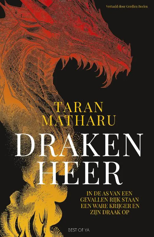 De boekcover van drakenheer toont een rode en oranje draak met gedetailleerde schubben voor jonge lezers