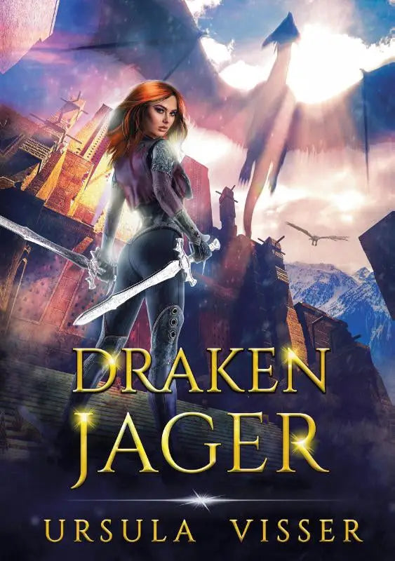 De boekomslag van draken jager door ursula visser toont een roodharige vrouwelijke krijger met zwaarden en drakenruïnes
