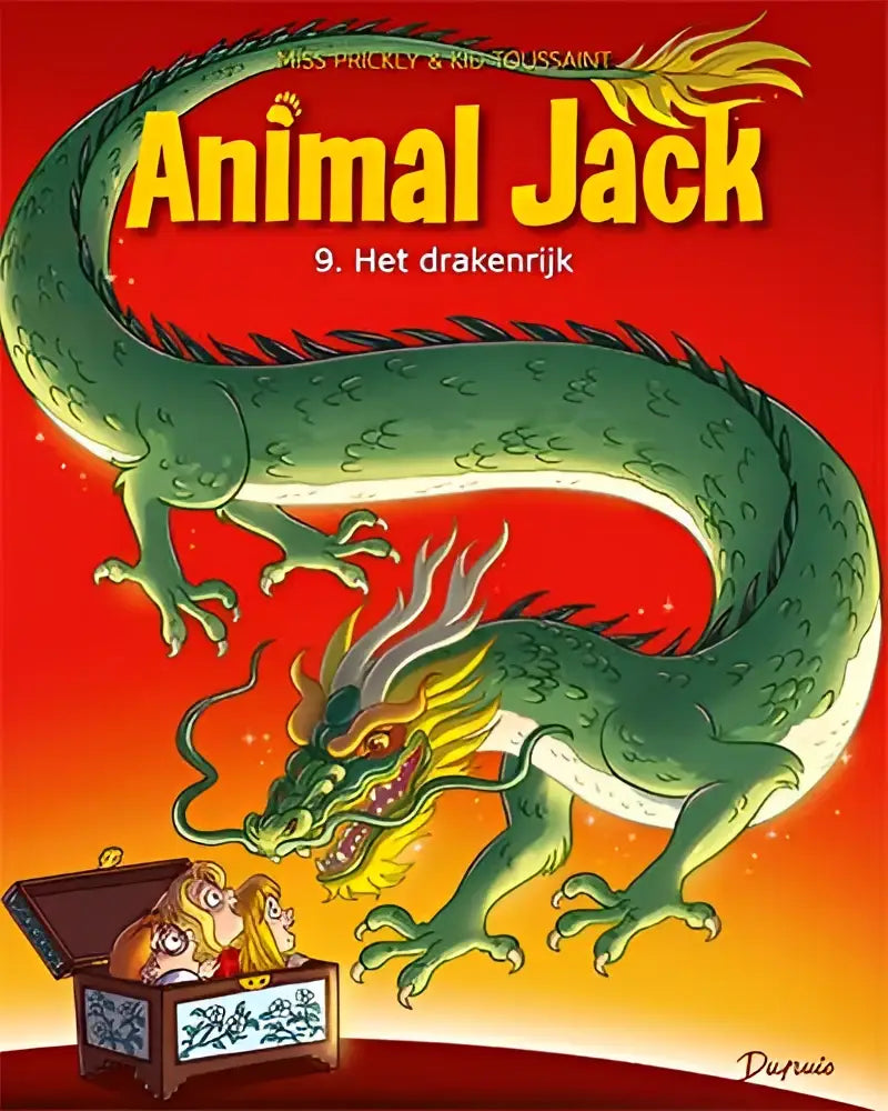 Illustratie van een groene draak met gele en witte accenten op een rode achtergrond voor het product het drakenrijk