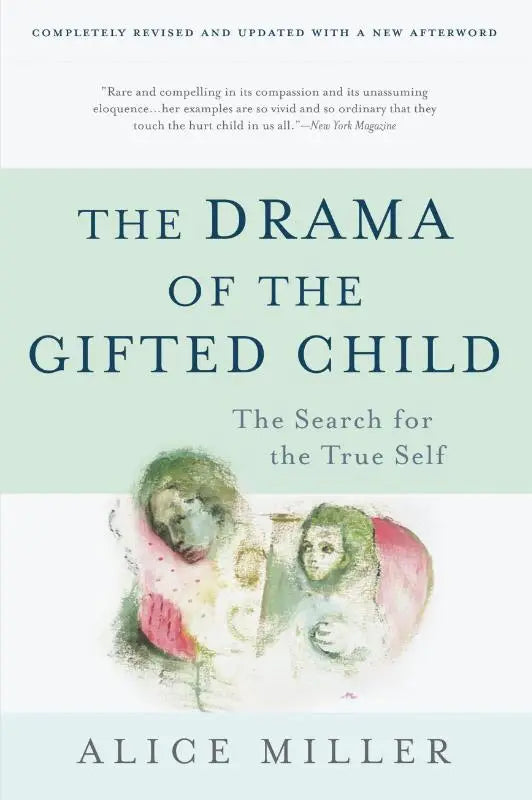 Softcover boek drama of the gifted child van alice miller met licht mintgroene cover en aquarel illustraties